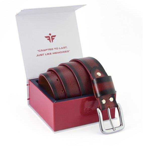 Full Grain Men's Vintage Sun Maroon Buffalo Leather Belt Free Personalization - Picture 2 of 14